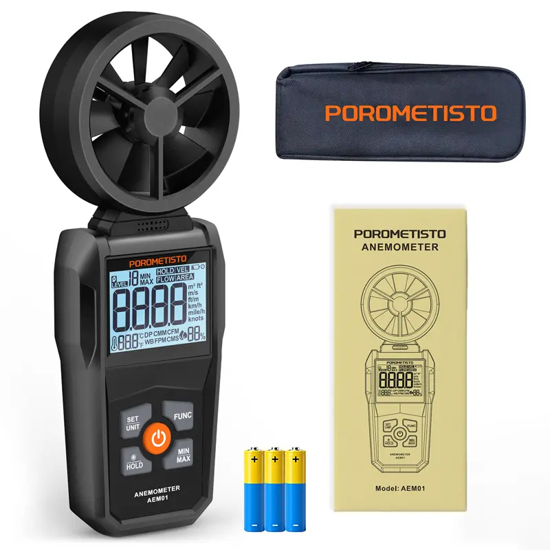POROMETISTO AEM01 All-in-one anemometer, portable wind meter, wind speed, flow, level, temperature and humidity meter with LCD backlight. Hvac Multifunction