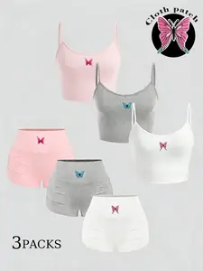 Y2K Style 3-Piece Set, American Butterfly Patch Halter Top & Bike Pants, Embroidered Butterfly Details, Casual Retro Look, Perfect for Home, Street, Sports
