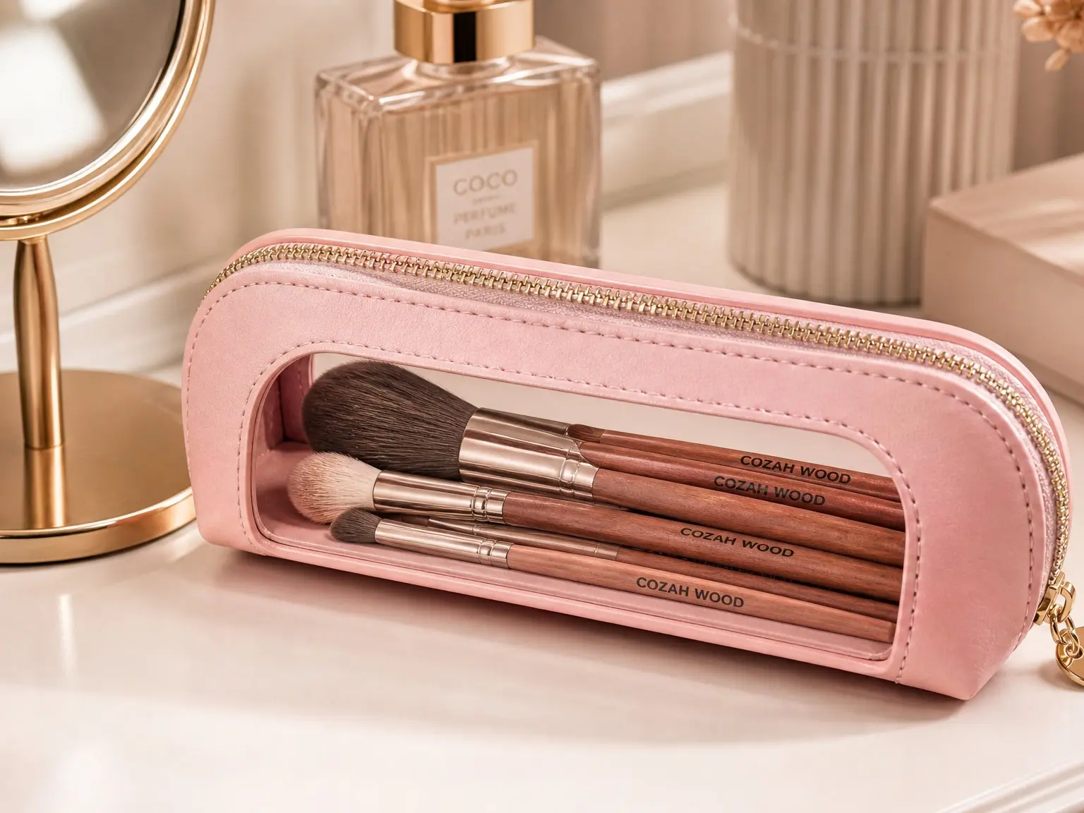 Women's Small Pink PU Leather Aesthetic Lightweight Clear Makeup Bag - Double-Sided Waterproof Zippered Cosmetic Organizer Pouch, Portable Travel Storage Bag with Multi-Grid for Makeup Brushes, College Dorm Essential