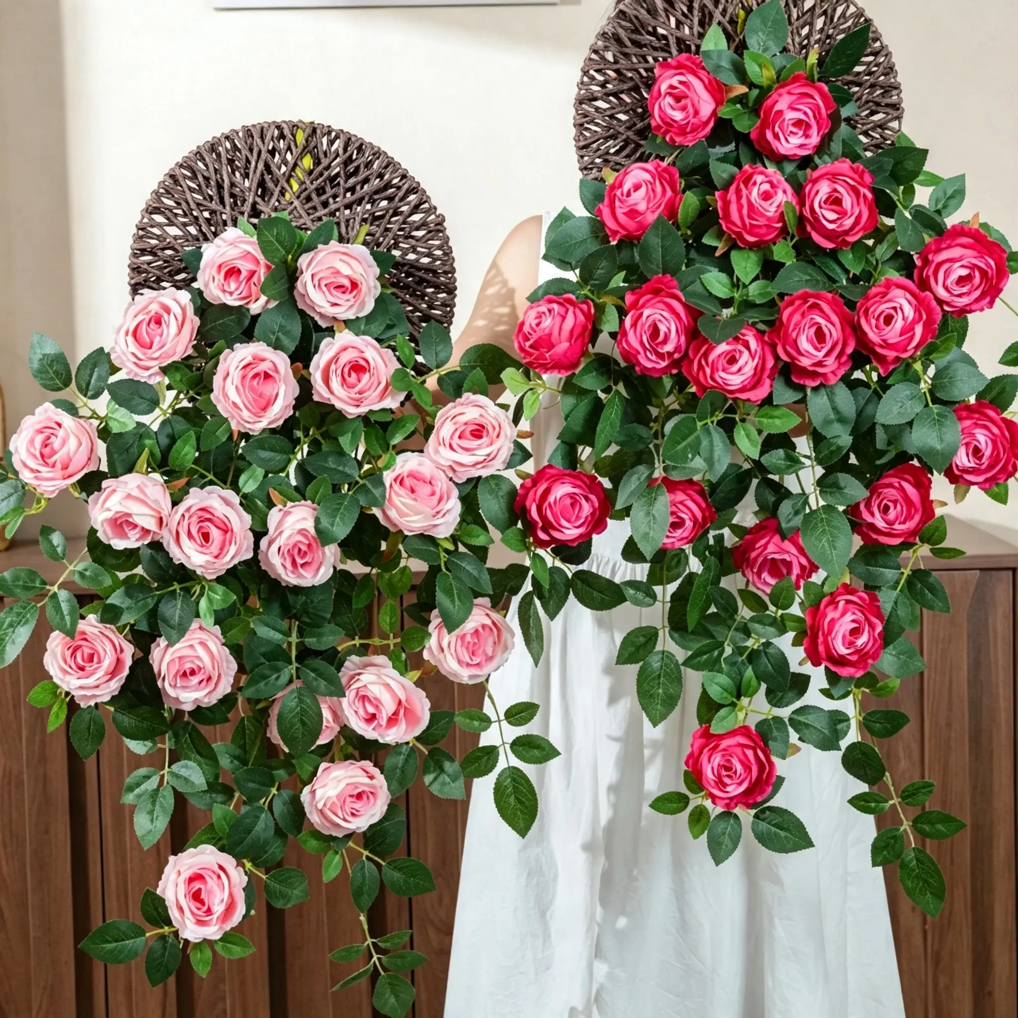 High-Quality Artificial Snow Mountain Rose Hanging Flowers with Woven Wall Disk, Fake Greenery Vine Decor, Hanging Floral Ornament for Living Room, Balcony & Decorative Fruit