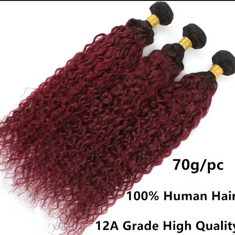 12” -Inches /2 Pcs Burgundy Water Wave Human Hair Bundles With Closure Ombre 1B/99j Brazilian Hair Weave Bundles With 4x4 Closure.