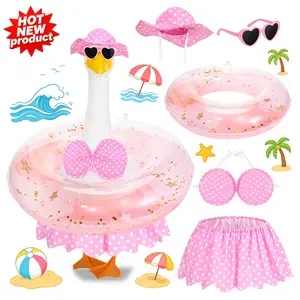 Hawaiian Porch Goose Outfits Summer Bikini Goose Outfit Fits 23" Goose Statue with Hat Sunglasses & Swimming Ring for Cement Yard Decor
