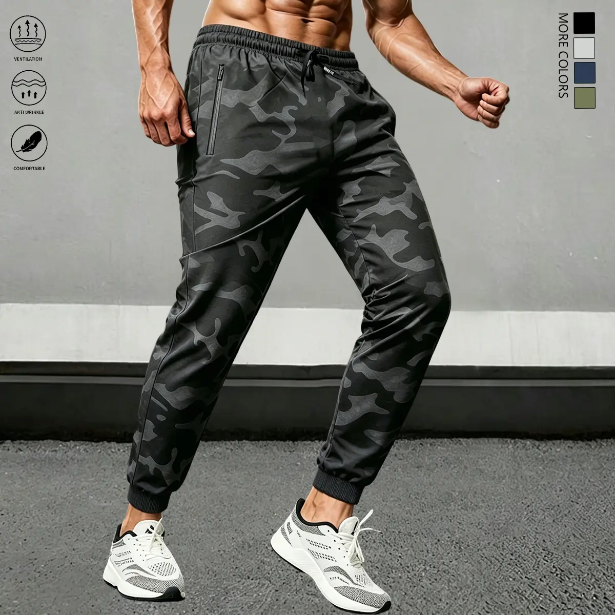Men’s camouflage athletic pants featuring an elastic waistband with drawstring and side zippered pockets; lightweight, breathable, wrinkle-resistant, soft, skin-friendly training pants with slim fit and rolled cuffs; casual camouflage long pants suitable