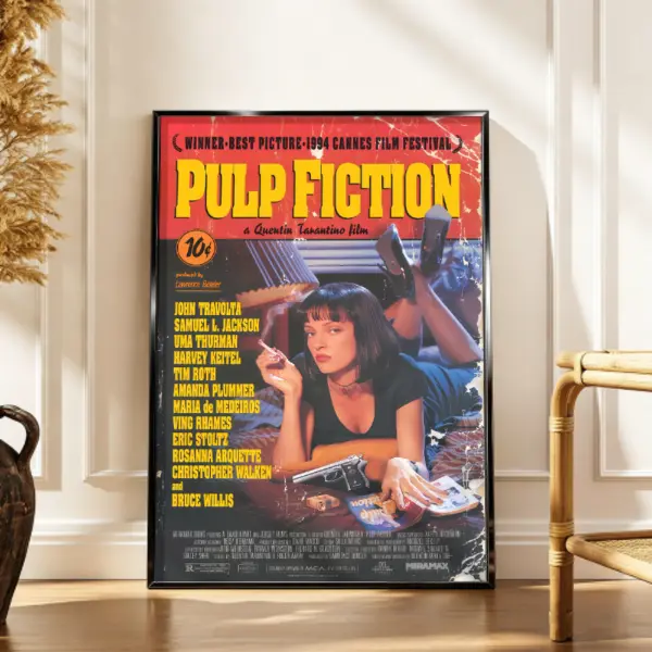 Pulp Fiction Vintage Quentin Tarantino Film Canvas Print Poster, Mia Wallace Retro 90s Cinema Wall Art, Home Decor for Living Room, Gift for Cult Movie Fans