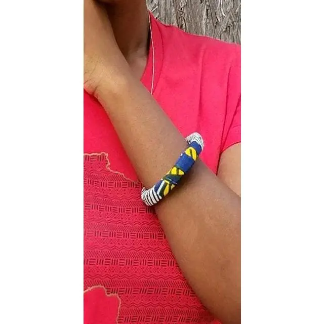Yellow and Blue African Print Bangle-DP3209BG