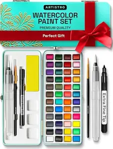 ARTISTRO 100 Watercolor Paint Set, Vivid Colors in Portable Box, Palette set. Perfect Travel Watercolor Set for Artists, Amateur Hobbyists and Painting