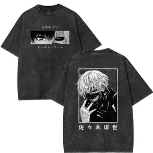 Japanese Anime Kaneki Ken Tokyo Ghoul Graphic Tee, Kawaii Manga Washed Shirt, Casual Fashion Top for Men, Subtle Anime Merch Streetwear