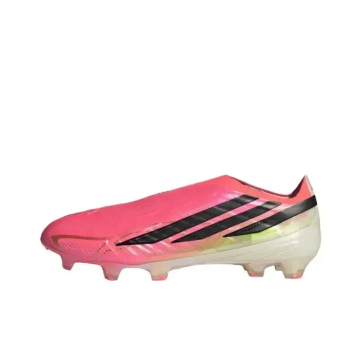 Brand-New Unisex Low-Cut Firm-Ground Soccer Cleats for Men, Women, Vibrant Glossy Pink Upper with Black Stripe, Slip-On Lightweight Fit, Durable Studded Sole, Original Shoe Box for Daily Training, League Matches
