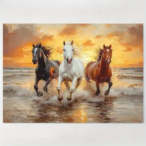 Three Horses Running on Beach Canvas Wall Art - Sunset Ocean Scene with Three Galloping Horses, Woven Wood Frame, Vibrant Colors, Ready to Hang for Living Room, Bathroom, Kitchen Decor - Perfect Gift for Christmas, Birthday