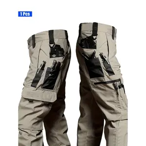 [Durable Tactical Pants] Durable 1pc Men's Cargo Pants | Adjustable Waist, Multi-Pocket Design for Outdoor Work, Hiking & Casual Wear, No Belt Included, Black, Pants, Workwear, Functional Clothing, Sturdy Fabric Menswear Polyester Stretch Trouser Beige