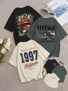Breathable Casual Classic T-Shirt, Loose Fit Round Neck Design, Vintage Mouth & Car Pattern Print, Daily Wear Fashion Comfort Top Set of 3
