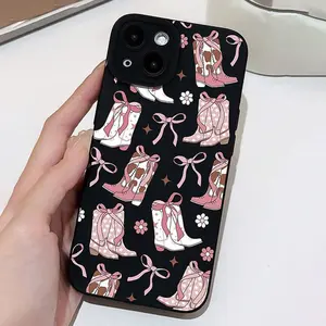 Boho-Style Cowboy Shoes Pattern Phone Case, Cute Bowknot Decor Phone Protective Cover, Phone Accessory Compatible with iPhone