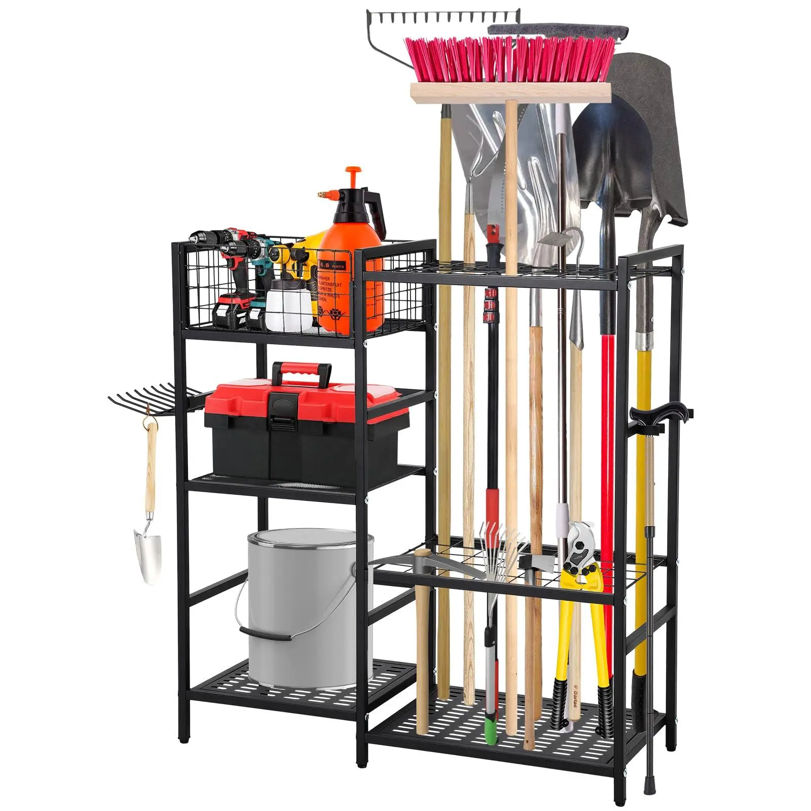 GARVEE Garden Tool Organizer With Basket,3-Tier Heavy Duty Garage Tool Storage With 6 Shelves,Freestanding Garage Tool Organizer for Yard Shed and Lawn