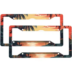 Beach Palm Tree Landscape License Plate Frames for Women Men 2 Pack Universal Aluminum Car License Plate Cover Holders with 4 Holes and Screws Car Accessories Decorative ﻿