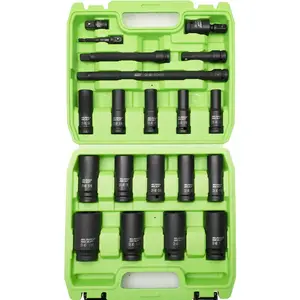 20 PCS 1/2" Impact Socket Set, Drive Deep 6 Point Socket Set, Including Standard SAE Sockets (3/8" to 1-1/4"), 3 ", 6", 10" Impact Extension Bar and Drill Socket Adapter, Cr-MO