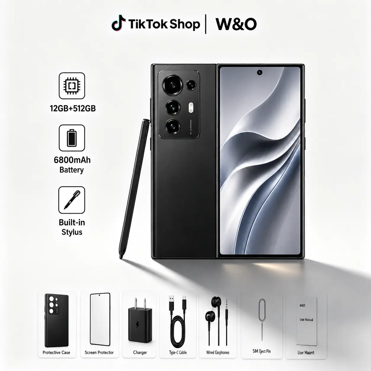 W&O 6.8" Android 14 Phone with Built-in Stylus, 12GB RAM 512GB ROM, 6800mAh LongBattery Life, 50MP Al Camera, Octa-Core CPU, Dual SIM Dual Standby, Fingerprint & FaceUnlock, Fast Charging for Work, Gaming & Video