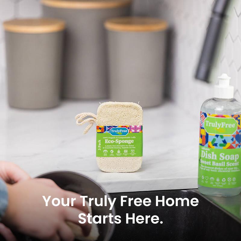 Truly Free Natural Cleaning Sponges | 100% Organic Luffa Dish Scrubber | Plant-Based, Compostable, Cruelty Free, Kitchen Dishwasher Sponge | Non Scratch Scouring Pad, 4.4 x 2.8, Pack of 3 Cleaner