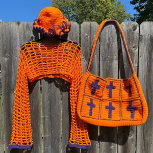 Crochet4Yah 3 Piece Set with Hat, Mesh Top and Large Cross Tote Bag
