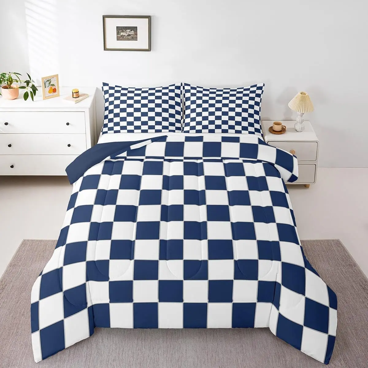 White Blue Plaid Comforter Set Navy Blue Checkerboard Bedding Set,Checkered Grid Quilt Set Modern Aesthetic Geometric Bed Set Room Decor