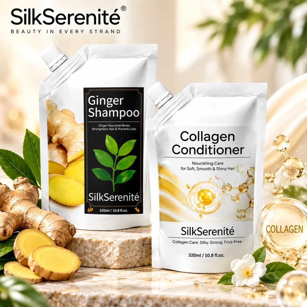 SilkSerenité Ginger Cleanser Shampoo & Collagen Conditioner Haircare Set - Gentle Cleansing, Oil Control, Repair for Wavy, Soft, Smooth, Manageable Hair