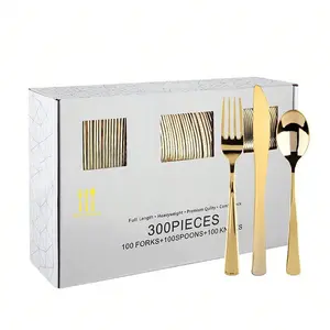 300 Pieces Gold Plastic Silverware Gold Cutlery Plastic Dinnerware Set, Plates For Valentines Day Party, Wedding Silverware Includes 100 Forks, 100 Spoons, 100 Knives, For Christmas Party