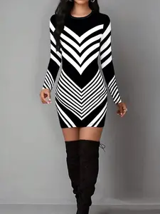 Women's Vintage Striped Print Casual Party Long Sleeve Dress, Elastic Polyester Blend Round Neck Mini Tight Fit, Perfect Holiday Gift