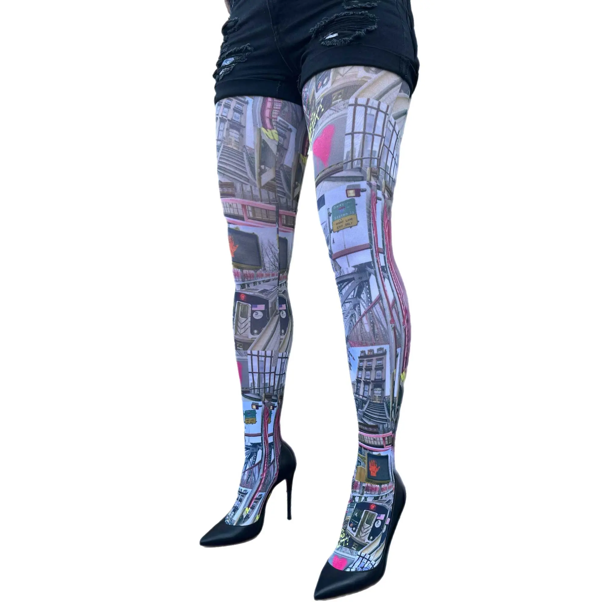 Multicolored Brooklyn Street Art Patterned Tights