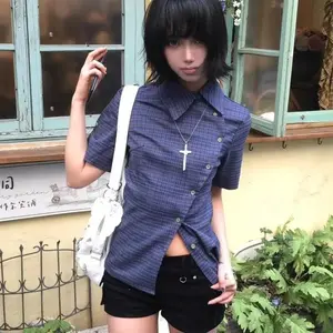 2000s Japanese Vintage Plaid Casual Shirt Women Elegant Short Sleeve Summer Shirt Irregular American Retro 2025 T-shirts Polyester Top