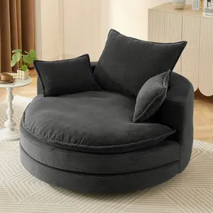 360 °   Swivel Sofa Bed Indoor Loungers, Sleeper Chair Accent Barrel Chair 57.5"  Swivel Round Chair with Dual-layer Cushion Design and 3 Removable Pillows for Living Room, Bedroom, Office and Hotel, Black