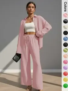 Women's Solid Button Front Shirt & Tie Front Wide Leg Pants Two-piece Set, Casual Drop Shoulder Long Sleeve Top & Trousers 2 Piece Set for Spring & Fall, Women's Clothes for Daily Wear, Casual Outfits Women