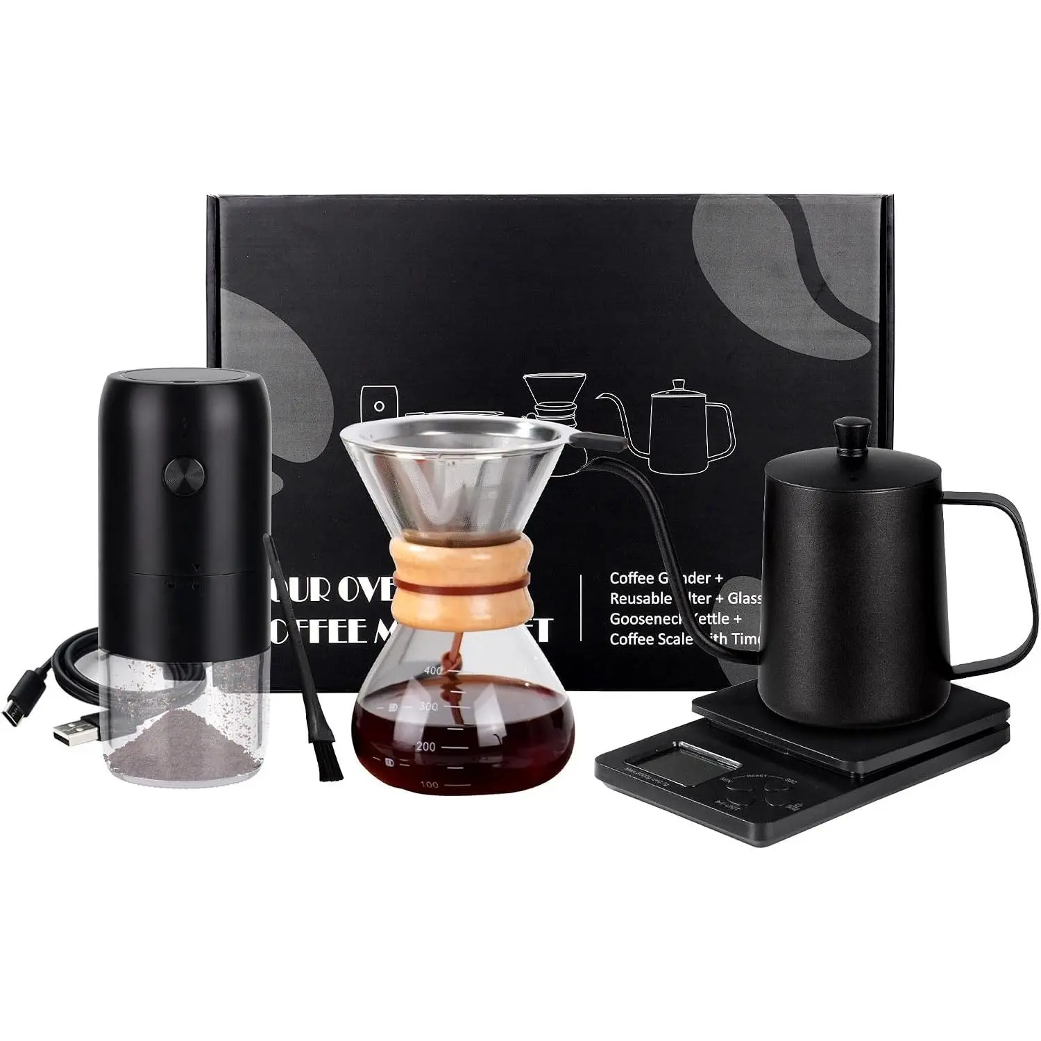 Pour Over Coffee Maker Set, Coffee Pour Over Dripper Kit with Kettle| All in One Coffee Set with Electric Coffee Grinder and Scale, Coffee Dripper Set with Carafe and Filter, Coffee Brewing Kit