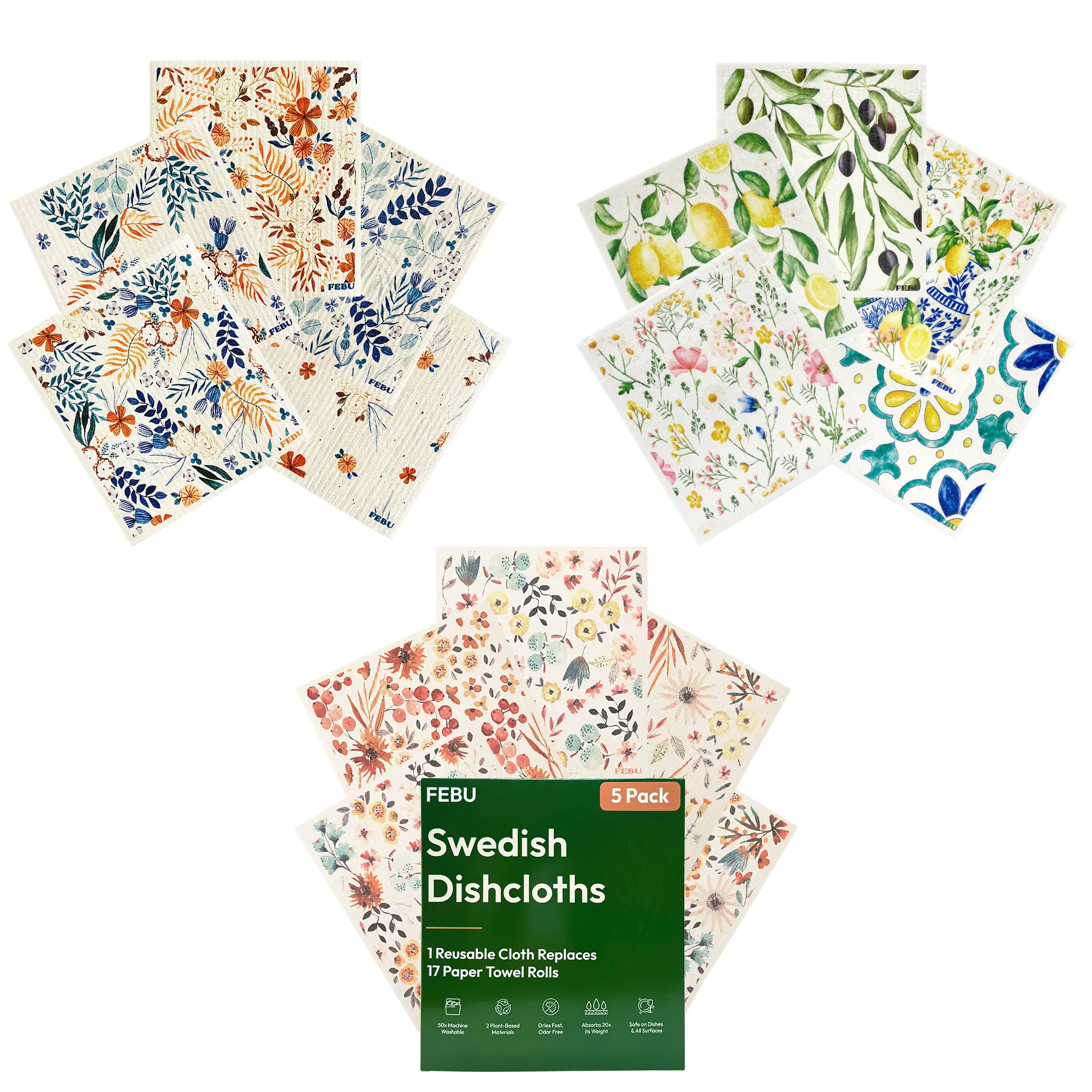 FEBU Swedish Dishcloths for Kitchen & Cleaning 3 x 5 Pack Absorbent Washable Reusable Paper Towels Non-Scratch Cotton Cellulose Sponge Cloths No Odor Biodegradable Multipurpose Eco-Friendly Wipe