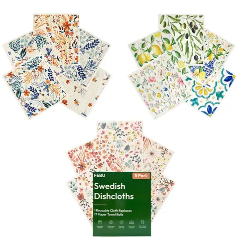 FEBU Swedish Dishcloths for Kitchen & Cleaning 3 x 5 Pack Absorbent Washable Reusable Paper Towels Non-Scratch Cotton Cellulose Sponge Cloths No Odor Biodegradable Multipurpose Eco-Friendly Wipe