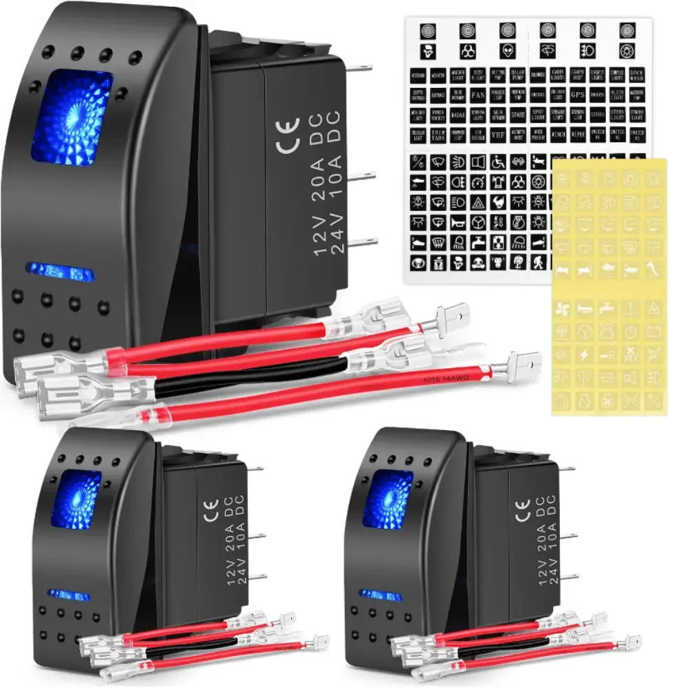 Nilight 3Pcs 5-Pin SPST On/Off Toggle Rocker Switches - 1.43in x 0.84in Waterproof Electrical Accessory with Blue LED Lights for Cars, SUV, Yacht, DIY Stickers Compatible