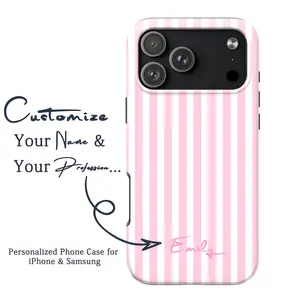 Personalized Phone Case – Custom Name & Monogram, Aesthetic Glossy Double Layer Pink vertical bar pattern Design for iPhone and Samsung Cases Slim Stripe