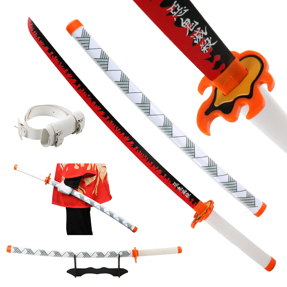 ELERVINO 41-in Bamboo Wooden Anime Demon Slayer Rengoku Kyoujurou Cosplay Sword - with White Belt, Holder Stand Display - Fencing Cosplay Prop for Halloween, Birthday, Christmas, New Year Gifts & Collection, Birthday Halloween Christmas Gift New Year, Rol