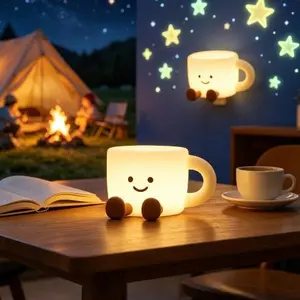 Kids’ night light, 7-color coffee cup night light, silicone night lamp with 3 dimmable levels, bedside nursery lamp with timer, rechargeable LED night light for room decor, Christmas gift for boys and girls (cup)