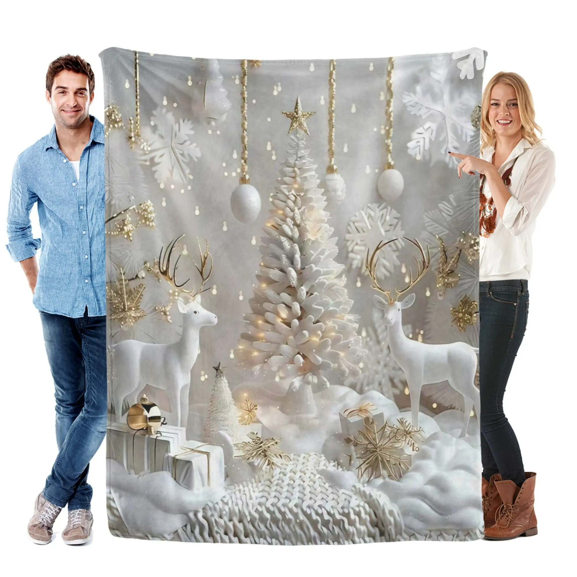 Ultra Soft Flannel Throw Blanket White Gold Christmas Scene Print With Snowy Christmas Tree Reindeer Snowflake Gift Box Pattern Lightweight Warm Fleece Blanket Luxury Neutral Xmas Decor Blanket For Sofa Bedroom Holiday Home Decor All Season Use