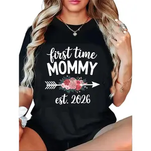 Women'S First Time Mom 2026 Pregnancy Announcement T-Shirt - 100% Cotton, Funny Gift For Expecting Mothers, Featuring Floral And Footprint Designs, Casual Crew Neck Top For Maternity Photos And Daily Wear, Comfortable Style For All Seasons Fit Elegant