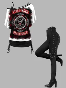 DRESSLILY 2025 Women Outfit  Five Finger Death Punch Print Oblique Shoulder T-shirt and Camisole Two Piece Set & Grommet Lace Up Pants Autumn Matching Set