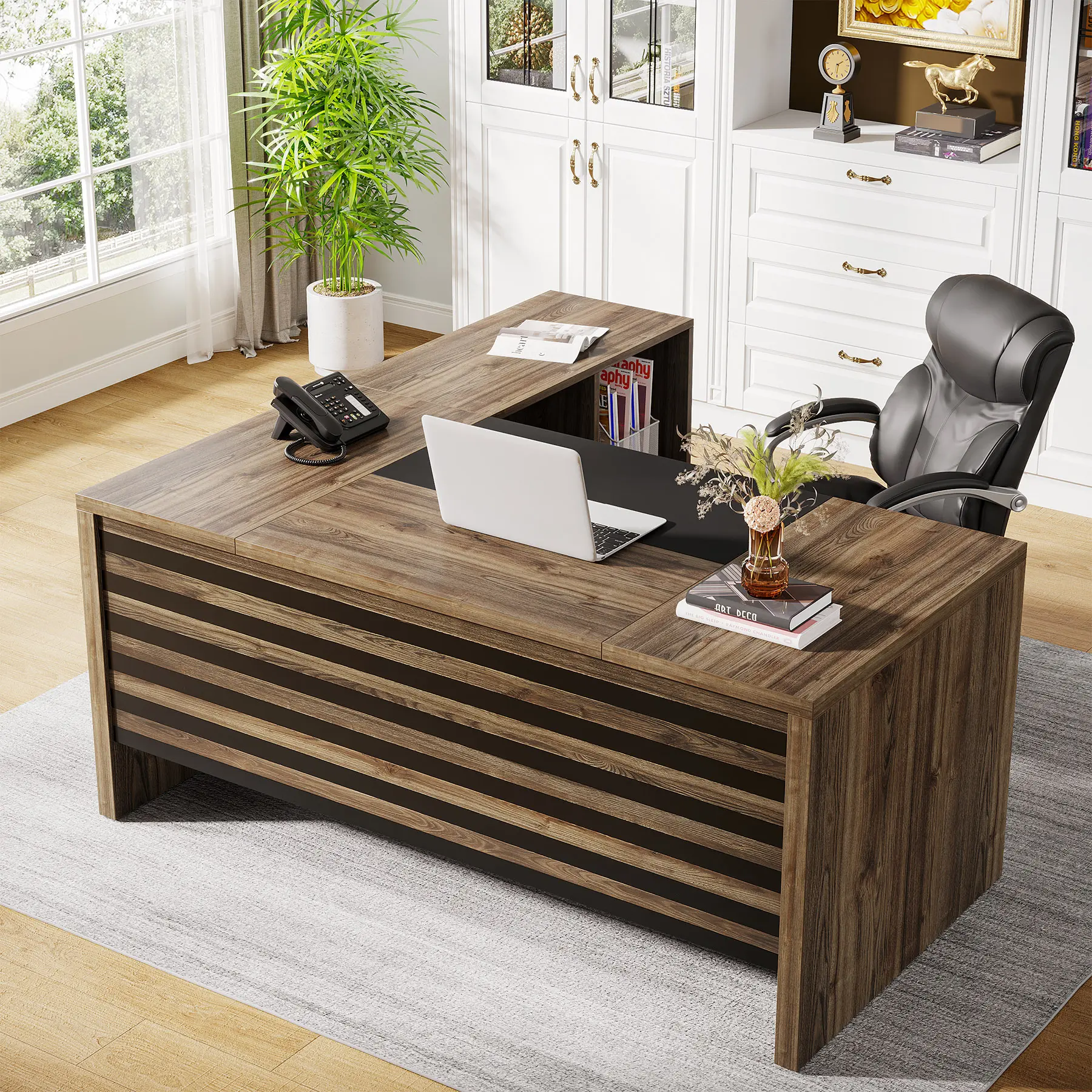 Tribesigns 62.2" Executive Desk with Mobile File Cabinet, L-Shaped Office Desk with Storage Shelves, Large Computer Desk Business Workstation Set for Home Office, Light Brown Dual Monitor Riser
