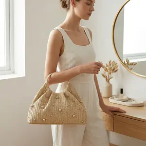 Chic Bead Wristlet Bag for Women Straw Clutch Purse Small Tote Bag with Metal Top Handle for Daily Use and Mother's Day Gift