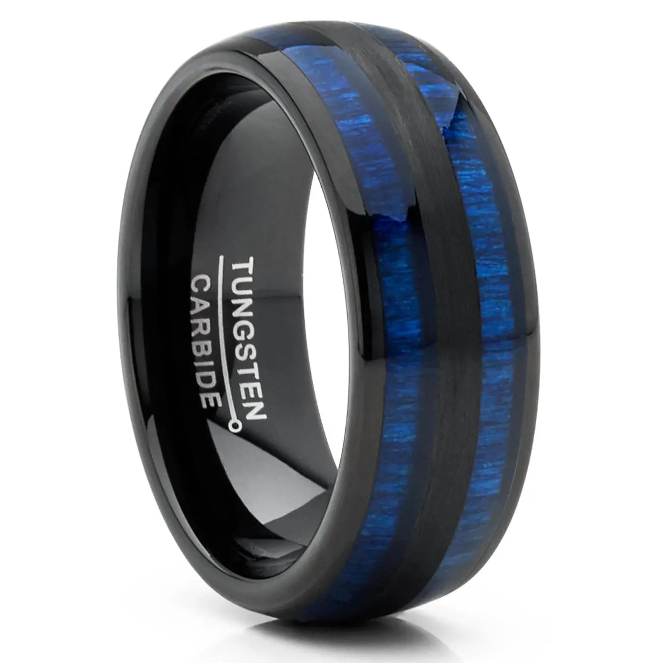 Men's Hypoallergenic Tungsten Carbide Ring, 8MM Dome Wedding Band with Real Blue Wood Inlay, Hypoallergenic Ring