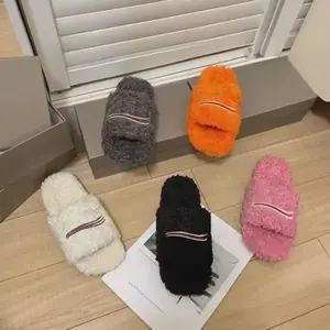 Trendy Embroidered Wool Fluffy Slides Unisex Couples Warm Thick Sole Casual Indoor Outdoor Slippers