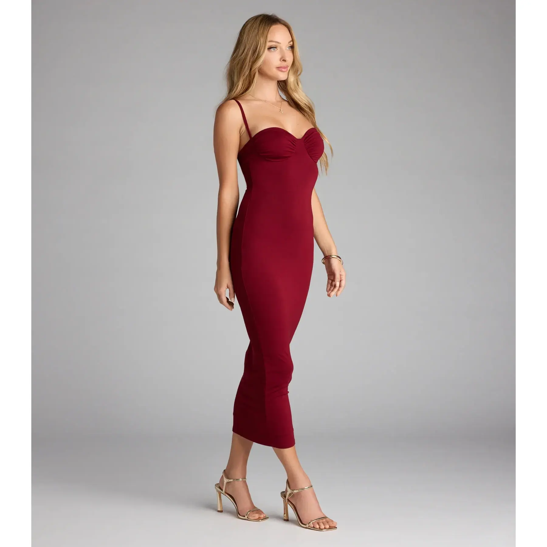 knee length dresses for ladies Crimson Red Hourglass Poplin Midi Dress – Qua main image 0