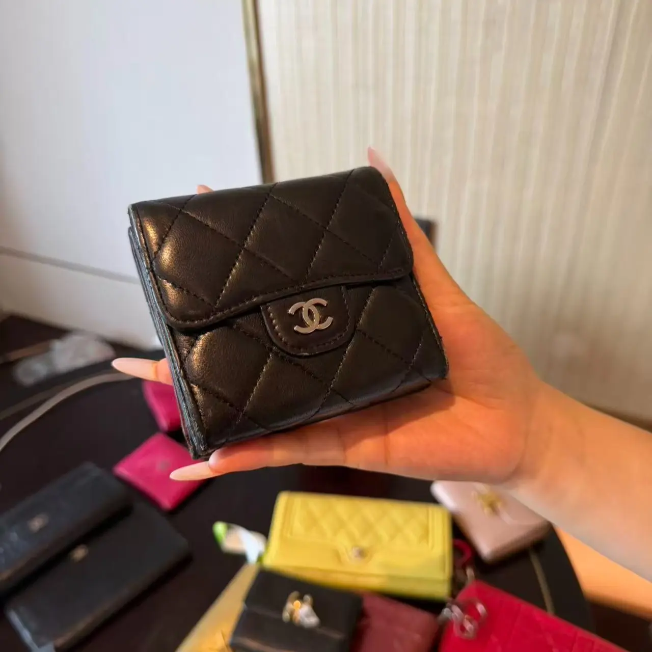 Pre-owned CHANEL BZ Black Quilted CC Small Fold Wallet Luxury Designer Purse