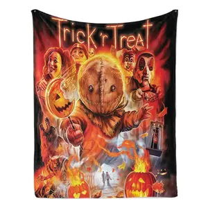 Halloween Horror Movie Trick R Treat Sam Pumpkin Flannel Blanket, Soft Warm Throw with Scary Pumpkin Artwork, Cozy Bedroom Sofa Blanket, Dark Horror Room Decor Gift for Fans