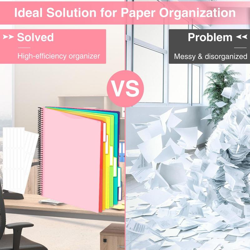 24 Pocket Project Organizer,  1/3-cut Tab Binder Organizer with Sticky Labels, Multi Pocket Folder with Zipper Pouch, Folder Binder Spiral Pocket Notebook, Office Supplies, Letter Size, Blush