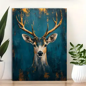 2D Flat Style 30.48x40.64cm Canvas Painting with Frame - Blue Green and Gold Deer Head, Modern Home Decoration, Bohemian Animal Print, Bohemian Home Decor| Blue-green background|Detailed Deer Antlers, Wall Art Decoration
