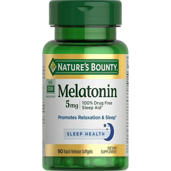 Nature's Bounty Melatonin, 100% Drug Free Sleep Aid, Dietary Supplement, Promotes Relaxation and Sleep Health, 5mg, 90 Softgels (Pack of 1)